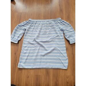 Beach Lunch Lounge Off Shoulder Striped Shirt‎ Large Blue White Casual Coastal